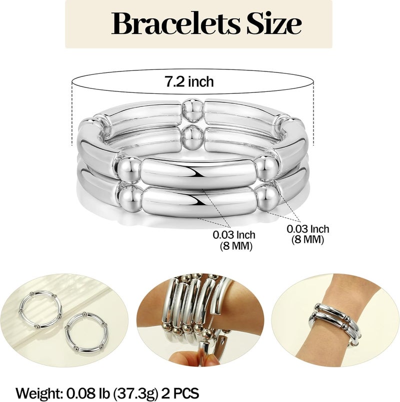 Badu Gold Chunky Bangles Bracelets For Women 14k Gold Plated Stack Layered Curved Bamboo Tube Stretch Bracelets Gift Jewelry - Image 2